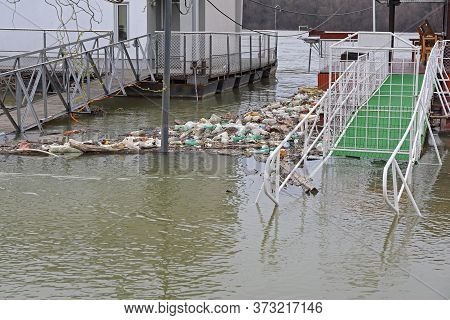 Big Floods At Danube River Bad Pollution Debris