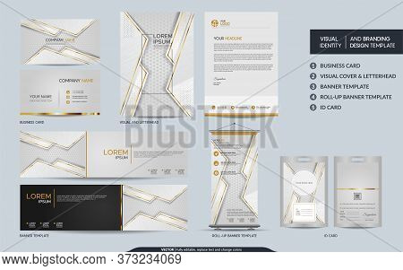 Luxury White Gold Stationery Mock Up Set And Visual Brand Identity With Abstract Overlap Layers Back