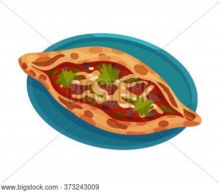 Turkish Pie Pide Rested On Plate Top View Vector Illustration