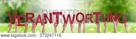 People Hands Holding Word Verantwortung Means Responsibility, Grass Meadow