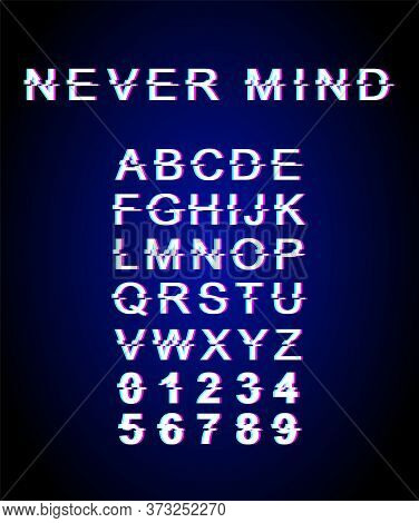 Never Mind Font Template. Retro Futuristic Style Vector Alphabet Set On Blue Background. Capital Let