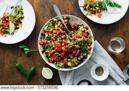 Top View Dinner Table Taco Salad Wooden Table