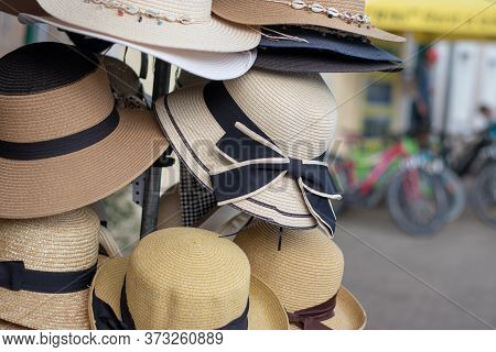 Straw Hats For Sale From Street Wendors In Croatia, Symbols Of Summer, Travel And Warm Temperature