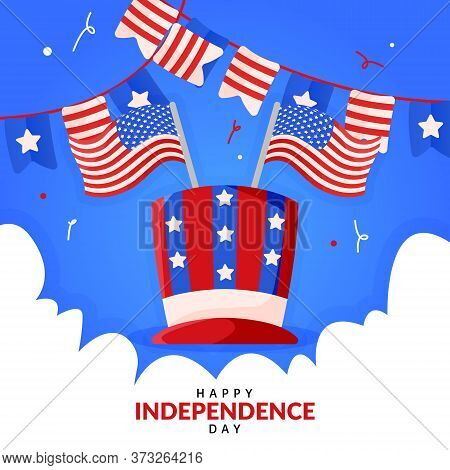 Banner Square Greeting Independence Day With Hat And Ribbon