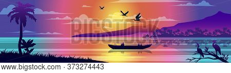 Horizontal Tropical Landscape With Ocean, Boat, Birds, Palm Trees, Rainforest, Seashore And Reflecti