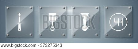 Set Gear Shifter, Signal Horn On Vehicle, Engine Piston And Screwdriver. Square Glass Panels. Vector