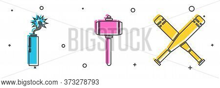 Set Dynamite Bomb Stick Clock, Battle Hammer And Crossed Baseball Bat Icon. Vector