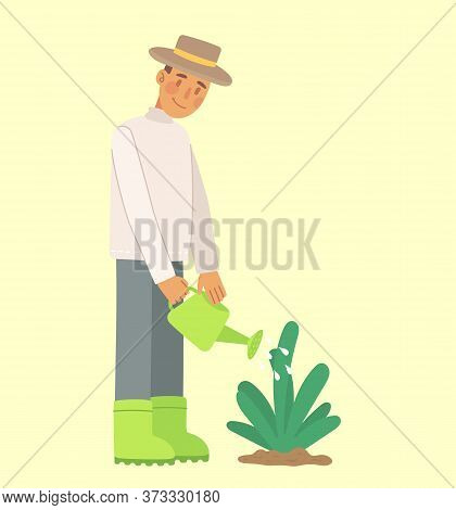 Man Gardener Waters A Bed With A Flower Palnt. Vector Iluustration In The Flat Design