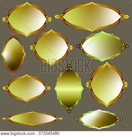 Set Of Gold Vector Frames. Isolated Golden Borders With Place For Text Or Label