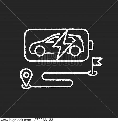 Battery Range Chalk White Icon On Black Background. Electric Vehicle Max Travel Distance. Electric M