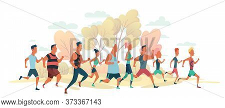 Men And Women Running Marathon Race On Nature Landscape. Group Of People Dressed In Sports Clothes. 
