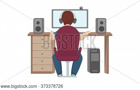 Boy Streaming Computer Game. Flat Style Illustration Isolated On Wthite Background