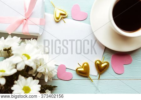 Flat Lay Photo With White Flowers, Coffee Cup And Gift Box. Beautiful Wedding, Valentine's Day Or Mo