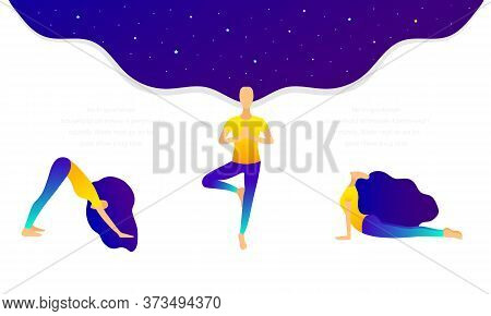 Girls Do Yoga In Various Poses. Cosmos Hair On A Gradient Background. Webpage.