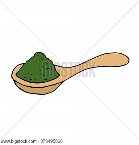 Wooden Spoon With Green Chlorella Powder Hand Drawn In Doodle Style. Single Element For Design. Supe