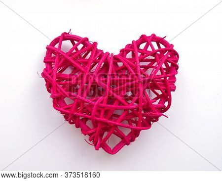 Bright Red Wooven Heart Shape Rattan, Isolated Of White Background