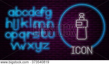 Glowing Neon Line Dishwashing Liquid Bottle Icon Isolated On Brick Wall Background. Liquid Detergent