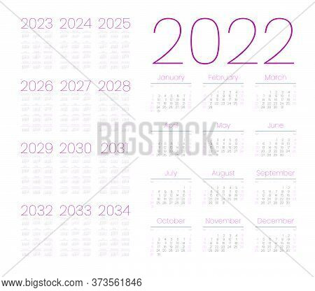 English Calendar For Years 2022-2034, Week Starts On Sunday