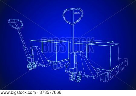 Hand Pallet Jack Lift With Pallet And Stacked Goods Cardboard Boxes. Manual Forklift. Logistics Ship