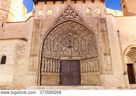 Gate Of The Holy Cathedral Of The Transfiguration Of The Lord In Huesca, Spain.