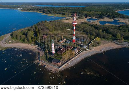 View Of The Shepelevsky Lighthouse On A May Sunny Day (aerial Photography). Leningrad Region, Russia