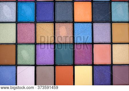 Palette With Makeup. Multicolor Eye Shadow. Fingerprints On Cosmetics