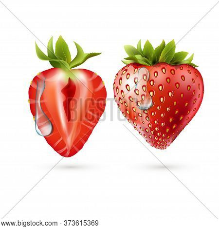 Whole Strawberry And Sliced Half Strawberry. Fresh Red Ripe Mellow Berry On White Background. Realis