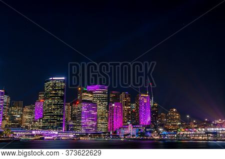 Sydney, Australia - May 27, 2016: Sydney Cbd Cityscape With Skyscrapers Illuminated During Vivid Syd