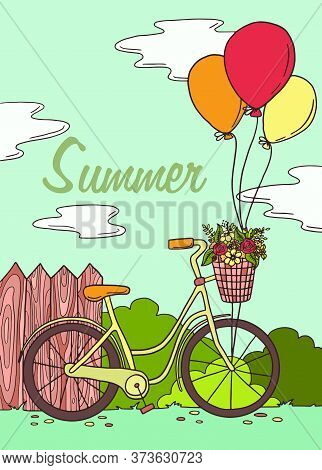Summer. Cute Vector Illustration Of A Bicycle With Balloons And Flowers