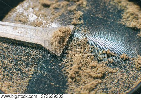 Kief Macro In Grinder. Marijuana Close Up. Indica Thc Cbd.