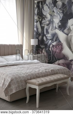 Beautiful Floral Photoart Work Used As Wallpaper In Bedroom Interior