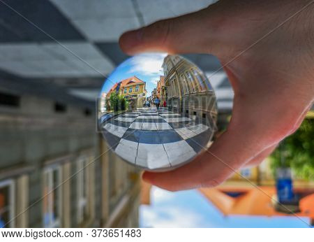 Zielona Gora Poland 8 June 2019 Chessboard Sidewalk Reflected In Crystal Glass Lensball