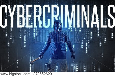 Faceless hacker with CYBERCRIMINALS inscription, hacking concept