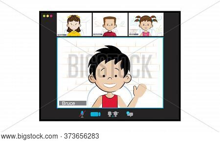 Cartoon Kids On Video-chat For Online Classes.