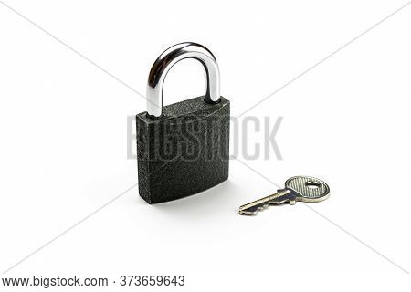 Lock Isolated On White Background. Security Concept With Metal Lock Pad With Key.