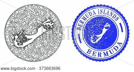 Mesh Stencil Round Bermuda Islands Map And Scratched Stamp. Bermuda Islands Map Is Stencil In A Circ