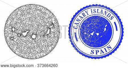 Mesh Hole Round Canary Islands Map And Scratched Stamp. Canary Islands Map Is Carved In A Round Stam