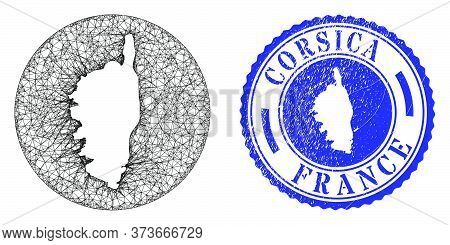 Mesh Stencil Round Corsica Map And Scratched Stamp. Corsica Map Is Stencil In A Circle Stamp Seal. W