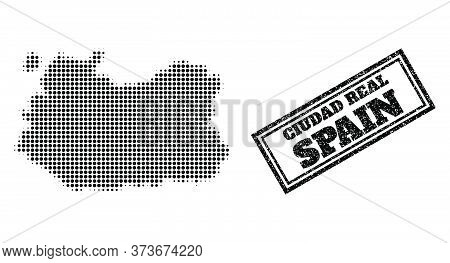 Halftone Map Of Ciudad Real Province, And Unclean Seal. Halftone Map Of Ciudad Real Province Generat