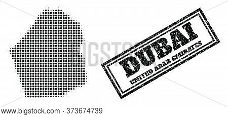 Halftone Map Of Dubai Emirate, And Scratched Seal. Halftone Map Of Dubai Emirate Designed With Small