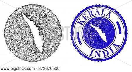 Mesh Subtracted Round Kerala State Map And Grunge Seal Stamp. Kerala State Map Is Inverted In A Roun
