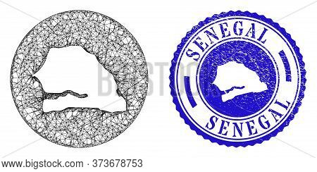 Mesh Hole Round Senegal Map And Grunge Seal Stamp. Senegal Map Is Carved In A Circle Stamp. Web Carc