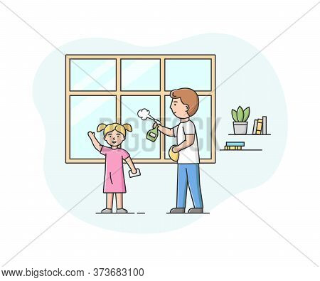 Concept Of Parenting And Joint Family Cleaning. Happy Father Makes Wet Cleaning Of Apartment With Li