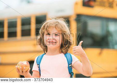 Happy School Kids Pupil On School Bus. School Bus And Happy Children. Happy School Child Boy