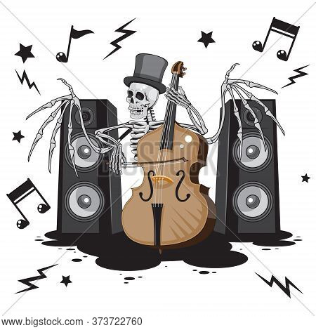A Skeleton Character With Wings In A Hat Plays A Double Bass Music Dynamics Notes On A White Isolate