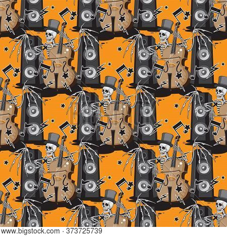 A Seamless Pattern Of A Skeleton With Wings In A Hat Plays A Double Bass Music Dynamics Notes On An 