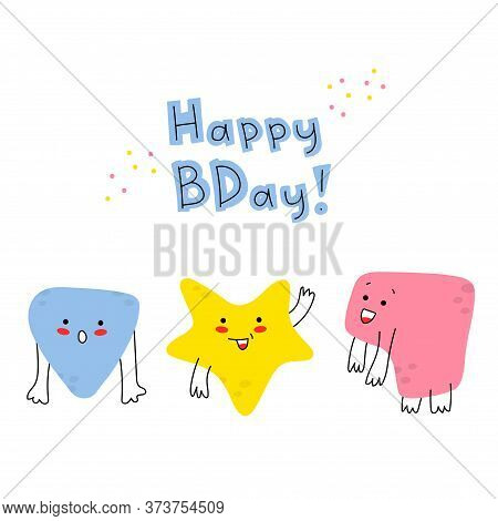 Hand-drawn Funny Tiny Doodles-monsters With Thin Handles. Birthday Greeting Card. Funny Smiling Emot