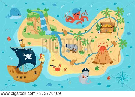 Pirate Treasure Map For Children In Cartoon Style. Cute Concept For Kids Room Design, Wallpaper, Tex
