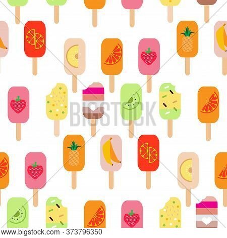 Seamless Pattern With  Ice Cream,  Waffle, Sweet Cupcakes, Pies And Tortes, Chocolate Ice Cream And 
