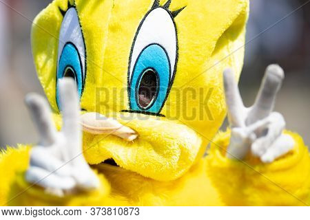 Chicago, Illinois, Usa - August 8, 2019: The Bud Billiken Parade, Man Dress Up As Tweety, Giving Pea
